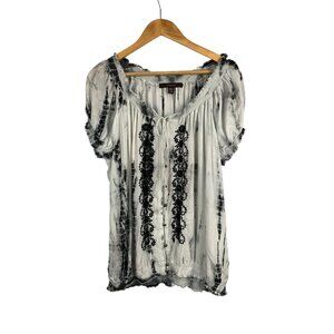 Fever Womens L/G Black & White Smocked Tie-Dye Blouse With Lace Detail